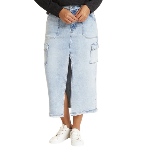 Risen Los Angeles Dresses & Skirts - RISEN Jeans Midi Cargo Skirt Sz L Front Slit Stretch Light Wash Denim RDS6186